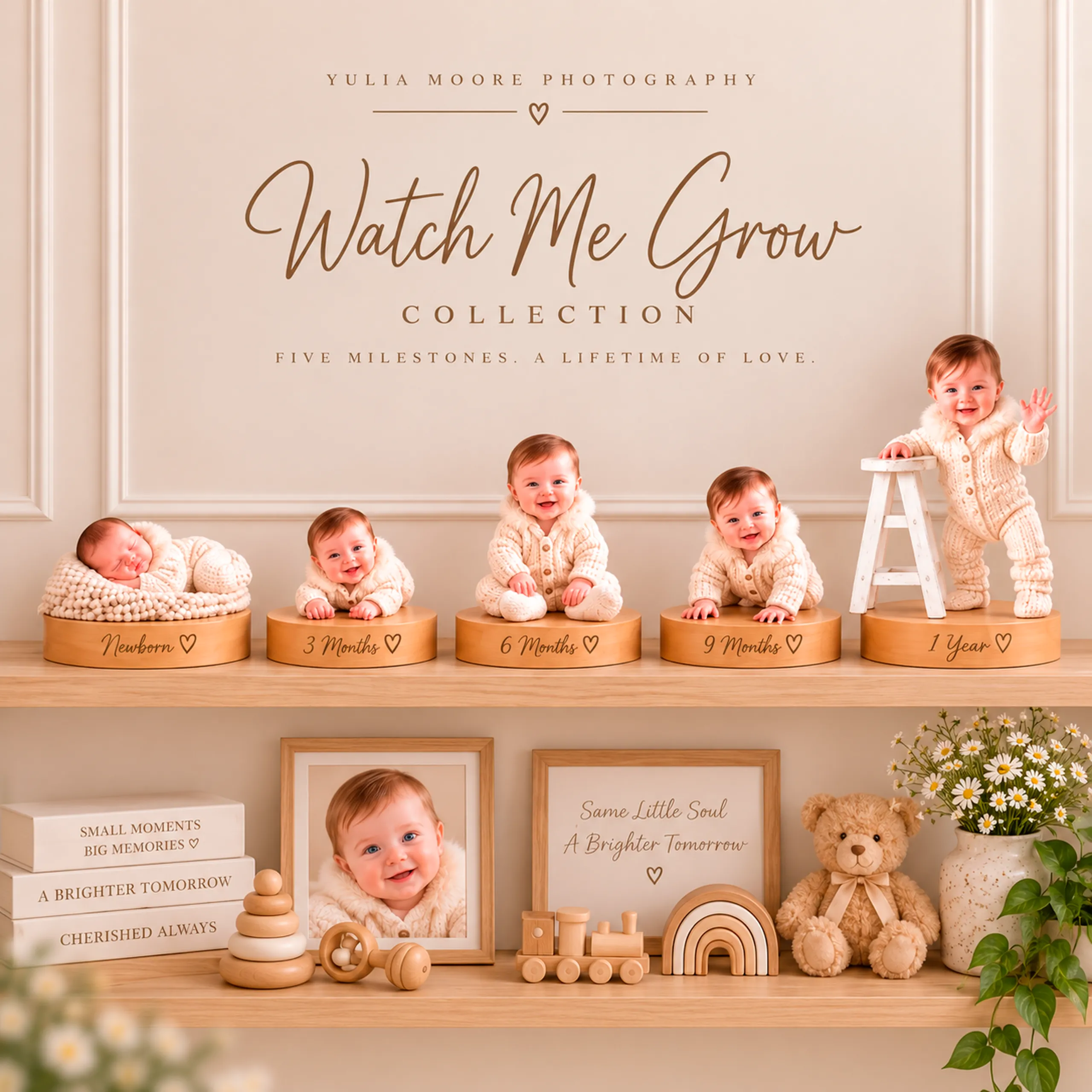 Watch Me Grow 3D baby milestone keepsake collection displayed on a nursery shelf